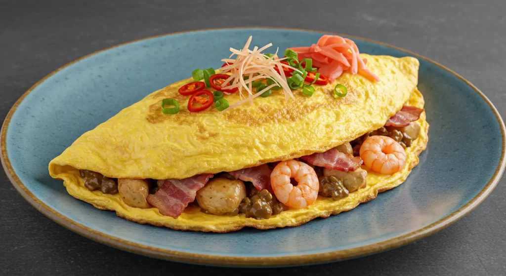 CHICKEN, BACON AND PRAWN OMURETSU