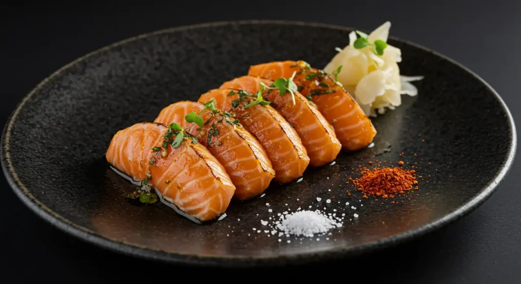 ASHIMI SALMON + PICKLED MOOLI SEARED TATAKI